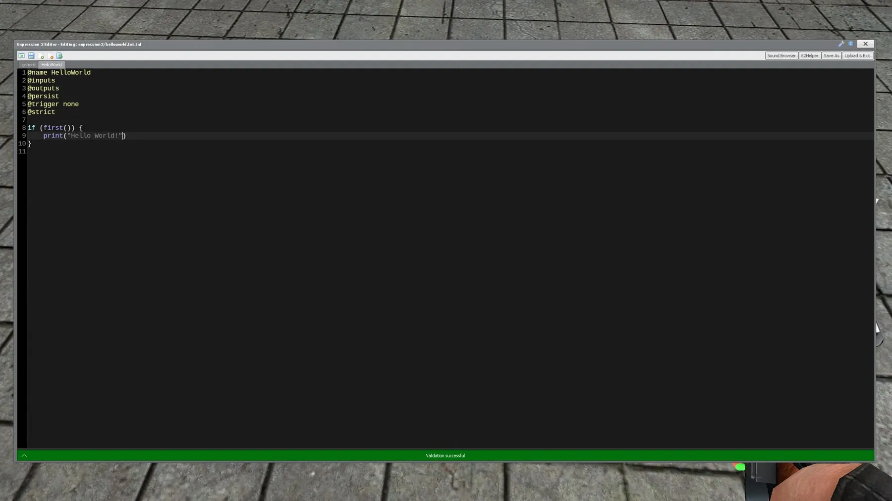 Expression 2's in-game code editor with a short Hello World script open