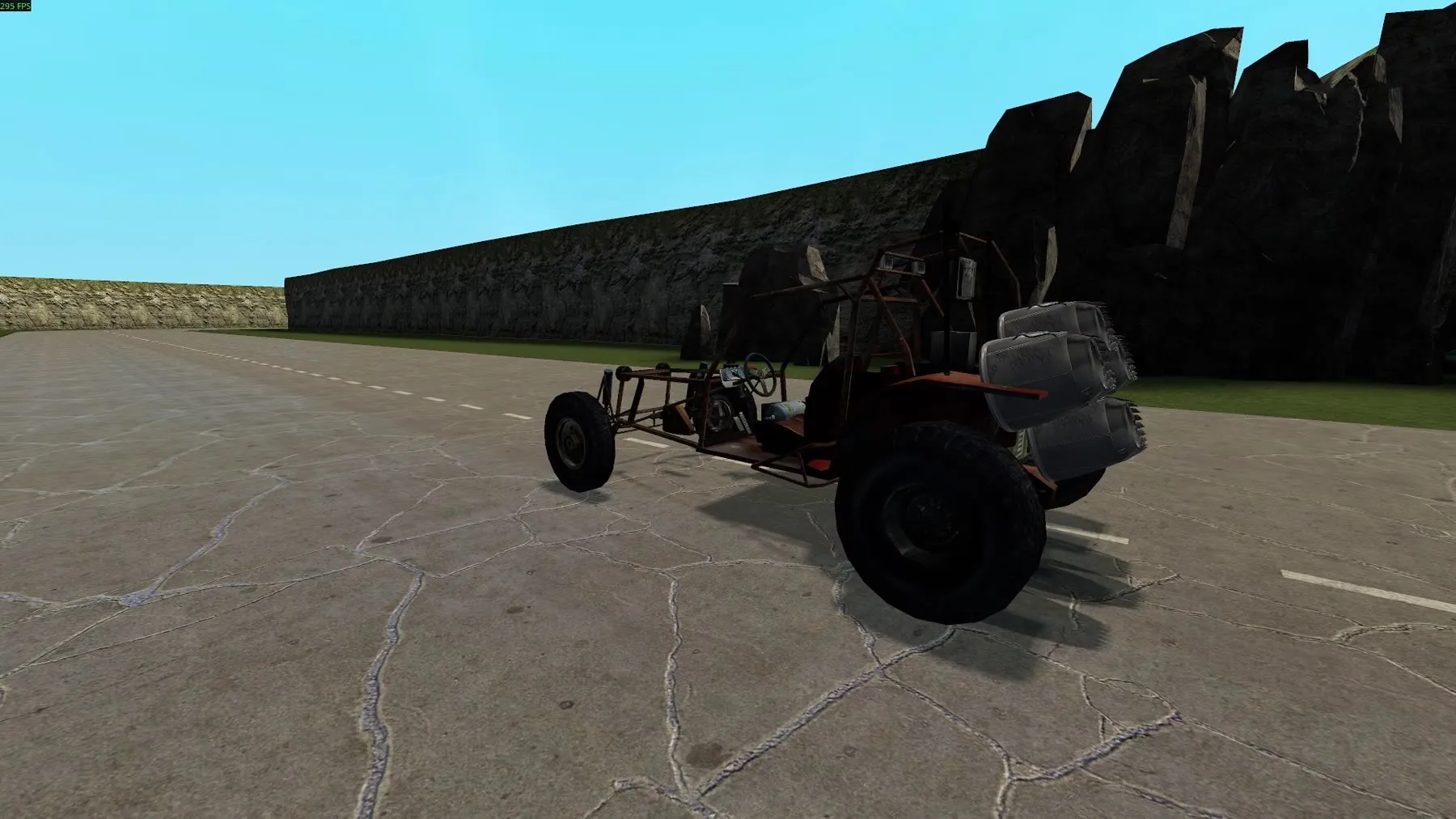 A buggy with thrusters welded to the back, parked on a runway